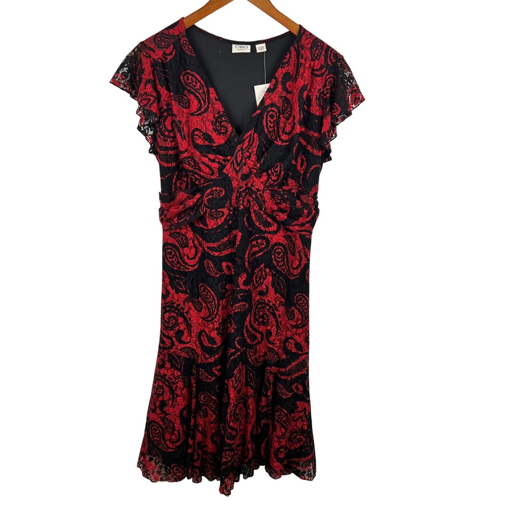 CatoMidi Dress Size 14/16W Red Black Lace Flutter Sleeve Party Church Event